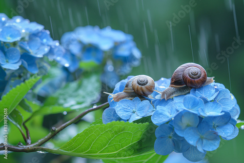 6月梅雨のイメージ。紫陽花とカタツムリ。 photo