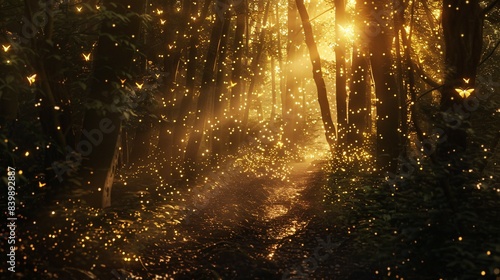 Enchanted forest with fireflies and golden light, cinematic still