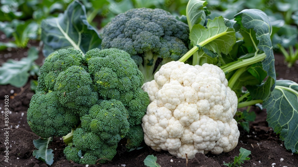 heads of green broccoli and white cauliflower arranged on the ground generative ai heads of green broccoli and white cauliflower arranged on the ground generative ai