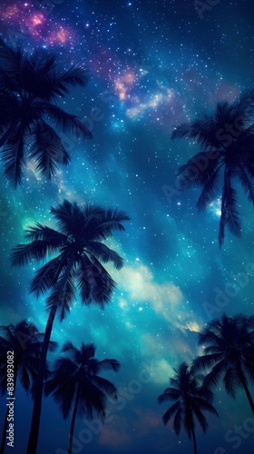 Tropical paradise night , stars , glowing palmtrees, generative ai © ImronDesign