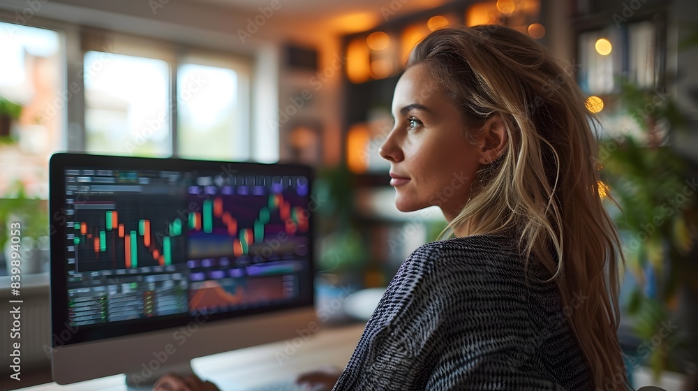 Young Woman Reviewing Investment Portfolio on Home Computer for Financial Planning Young Woman Reviewing Investment Portfolio on Home Computer for Financial Planning