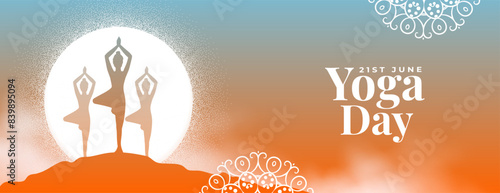 world yoga day morning banner woman practicing surya namaskar
