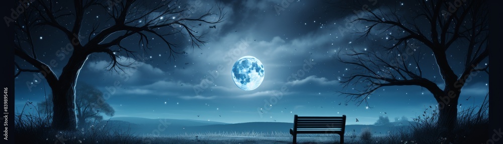 A bench is sitting in front of a tree with a full moon in the sky. The scene is peaceful and serene, with the moon casting a soft glow on the bench and the tree A bench is sitting in front of a tree with a full moon in the sky. The scene is peaceful and serene, with the moon casting a soft glow on the bench and the tree