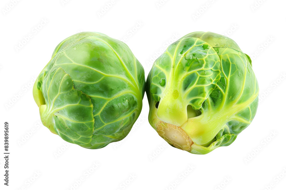Fototapeta premium Two Fresh Green Brussel Sprouts Isometric on white background