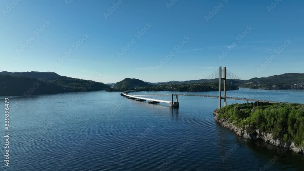 Aerial view of Nordhordland Bridge from Mainland towards Flatoy and Knarvik in Alver, Norway Aerial view of Nordhordland Bridge from Mainland towards Flatoy and Knarvik in Alver, Norway