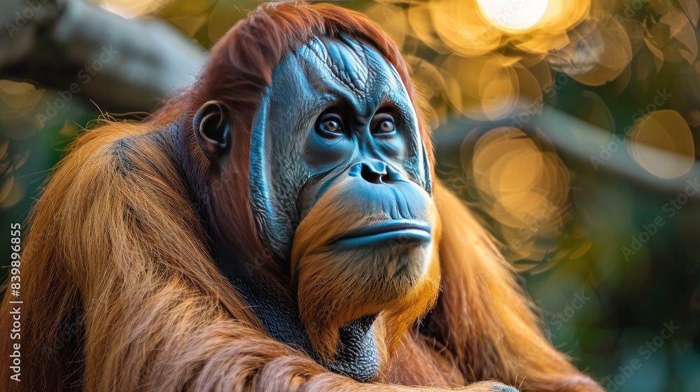An orangutan sits in the jungle, looking out at the world with a mixture of curiosity and sadness in its eyes. The sun is setting, and the light is casting shadows across the orangutan's face. An orangutan sits in the jungle, looking out at the world with a mixture of curiosity and sadness in its eyes. The sun is setting, and the light is casting shadows across the orangutan's face.