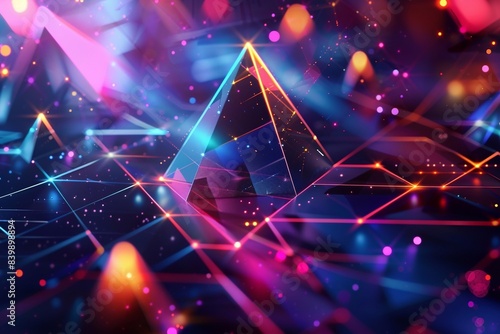Tech-themed abstract background with geometric patterns and holographic light effects