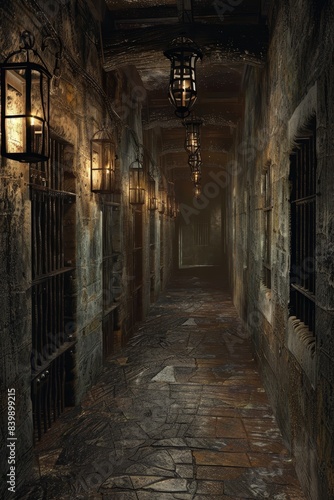 A long  narrow room with a lot of pillars and a lot of light. The room is very dark and empty
