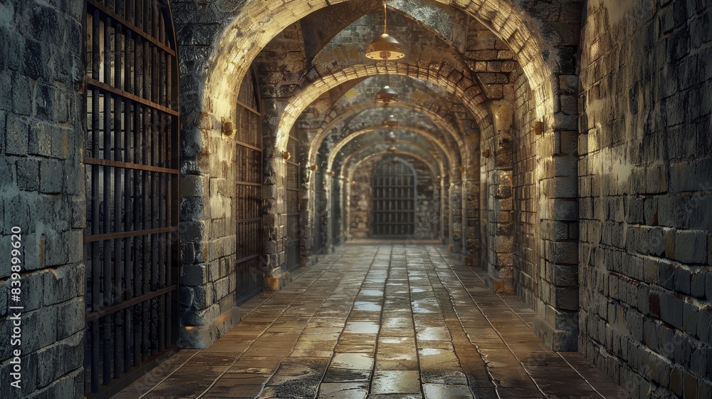 Fototapeta premium A long, narrow room with a lot of pillars and a lot of light. The room is very dark and empty