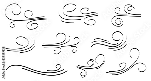 Doodle wind blow, gust design isolated on white background. vector hand drawn illustration