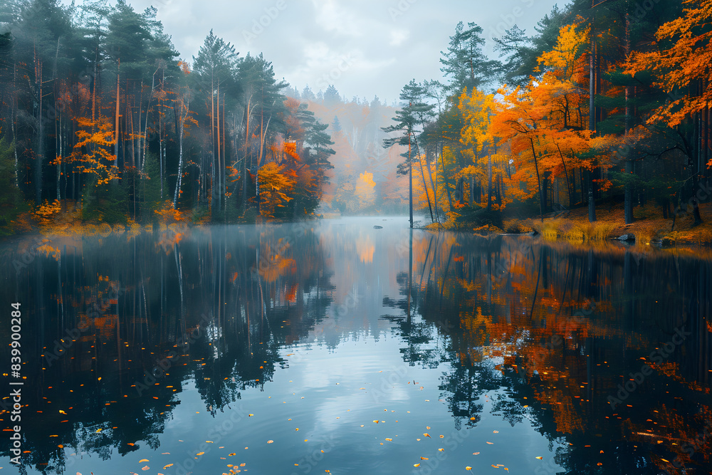 Naklejka premium A serene and surreal lake with reflections of trees, creating a tranquil and calming atmosphere. Suitable for nature, relaxation, and scenic use.