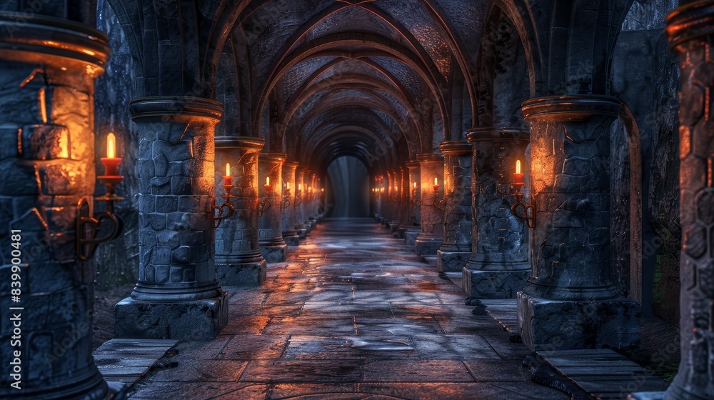 A long, narrow room with a lot of pillars and a lot of light. The room is very dark and empty A long, narrow room with a lot of pillars and a lot of light. The room is very dark and empty