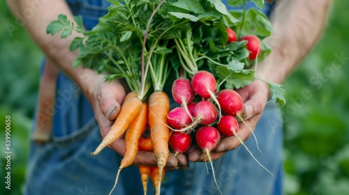 farmer holding a bunch of freshly cut red carrots and radishes with green leaves generative ai