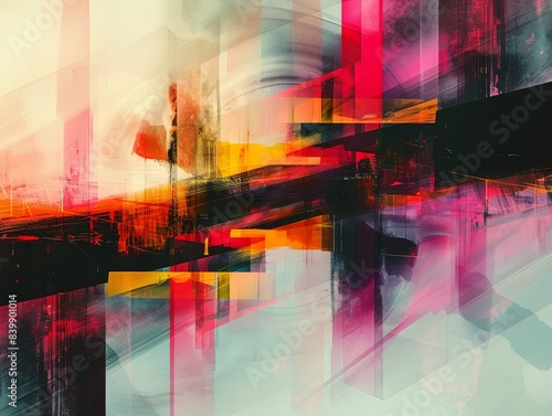 Digital geometric art with a glitch effect, featuring fragmented shapes and vivid colors in an abstract composition