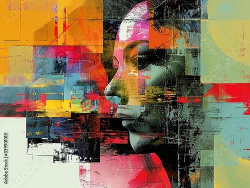 Digital geometric art with a glitch effect, featuring fragmented shapes and vivid colors in an abstract composition