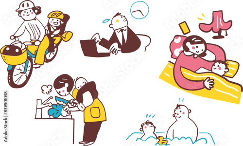 幼い子供を育てながら生活する若い夫婦　モノクロセットのイラスト素材
