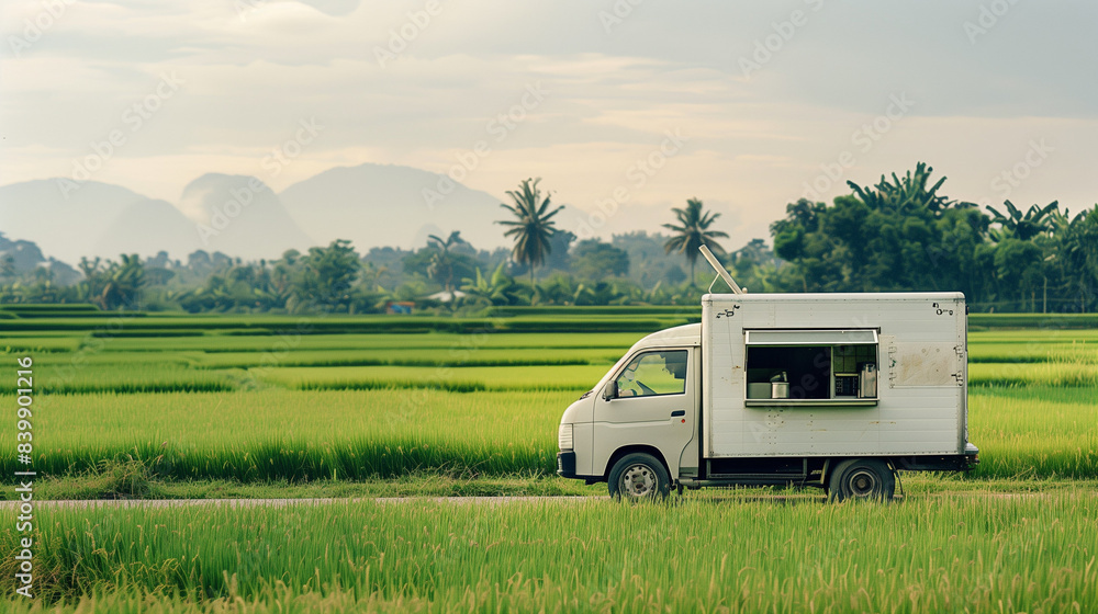 mock up clean white food truck, stopped on the side of the road near rice fields, with lush green rice in the background, Ai generated Images