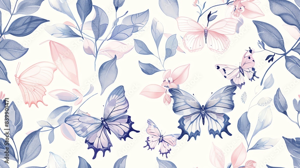 Charming hand-drawn butterflies and leaves in a seamless pastel floral pattern