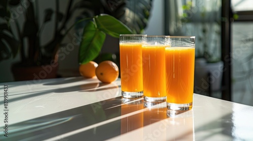 Three tall glasses of orange juice on a white table, sunlight shining through the window, in a minimalist style, high resolution photography, high detail, high quality, with a 35mm lens at f/22. photo