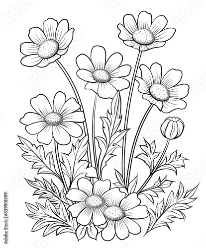 Simple coloring book, cartoon style drawings of different types of flowers, simple line art with thick lines and low detail, no shading, white background, flat design,