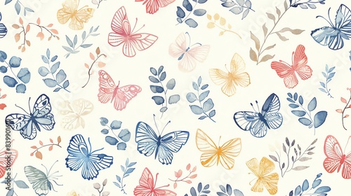 Charming hand-drawn butterflies and leaves in a seamless pastel floral pattern