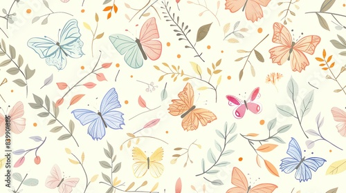 Delicate seamless pattern with hand-drawn butterflies, flora, and leaves in pastel colors