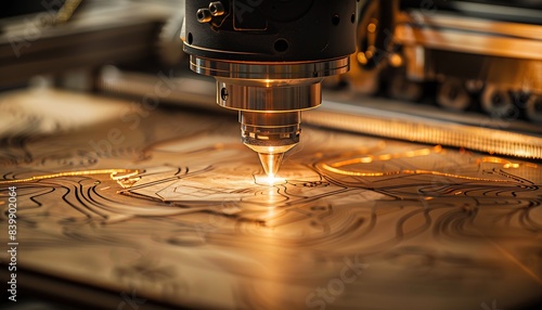 a laser machine engraving a design on a piece of wood with the laser beam showing. : Generative AI