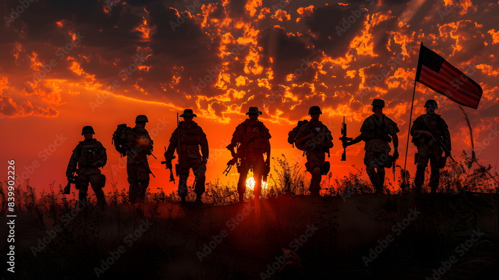 Fototapeta premium Silhouette of a group of soldiers with the american flag and guns