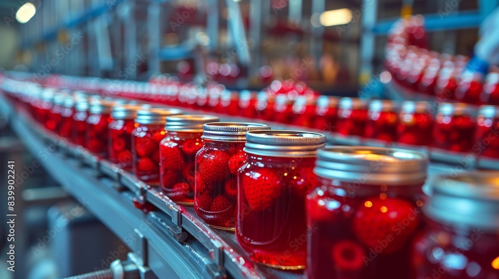 Detailed shot of strawberry jam jars on a conveyor belt, showing the industrial production in action, raw style Detailed shot of strawberry jam jars on a conveyor belt, showing the industrial production in action, raw style