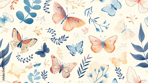 Elegant seamless pattern of hand-drawn butterflies, flora, and leaves in pastel colors