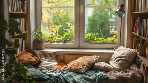 Cozy reading nook with soft pillows, blankets, and greenery, situated next to a bright window with a scenic view of nature. photo