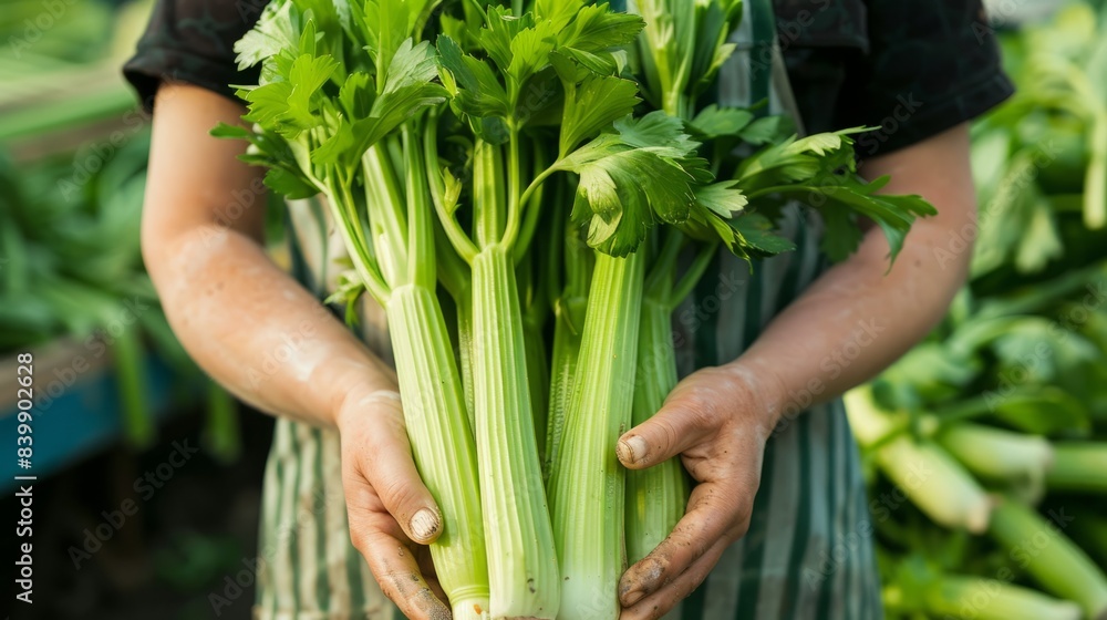 Fototapeta premium stalk farmer holding green celery and white leeks generative ai
