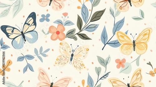 Soft pastel butterflies and flora, hand-drawn seamless pattern with leaves