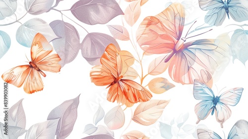 Soft pastel-colored butterflies and leaves, hand-drawn seamless floral pattern