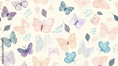 Soft pastel-colored butterflies and leaves, hand-drawn seamless floral pattern