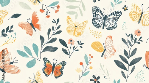 Whimsical hand-drawn butterflies, flora, and leaves in a seamless pastel pattern