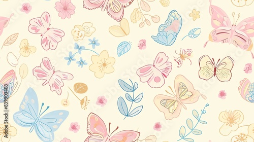 Whimsical seamless pattern of hand-drawn butterflies, flowers, and leaves in pastel colors