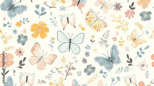 Whimsical seamless pattern of hand-drawn butterflies, flowers, and leaves in pastel colors