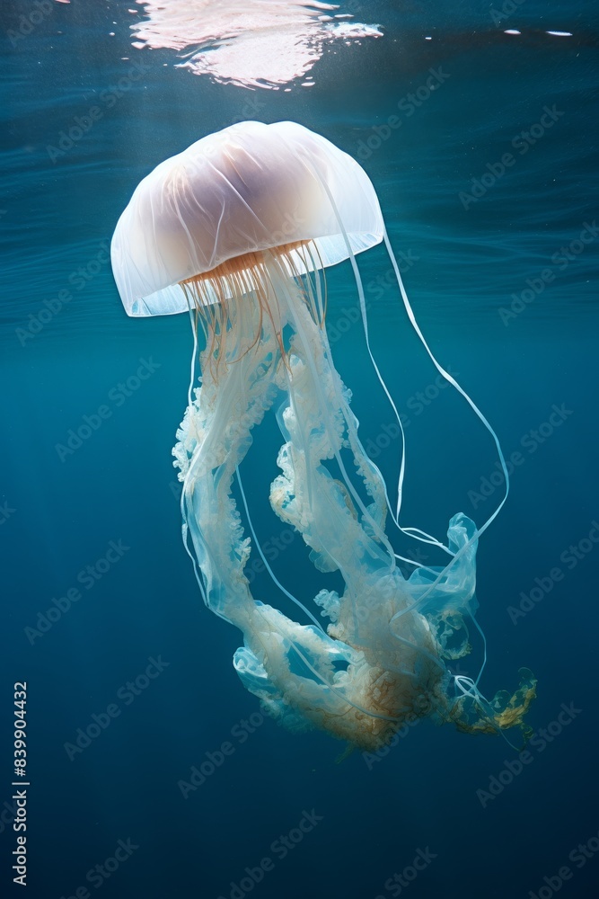 A jellyfish is floating in the ocean. The jellyfish is white and has a yellow center A jellyfish is floating in the ocean. The jellyfish is white and has a yellow center