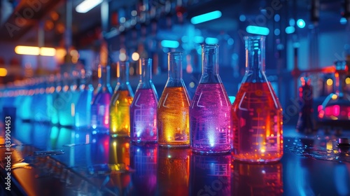 Colorful laboratory glassware filled with vibrant solutions on a reflective surface, illuminated by futuristic blue and purple lighting.