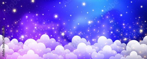 Bright color sky with stars and clouds. Magical landscape, abstract purple fabulous pattern. Cute candy wallpaper. Vector.