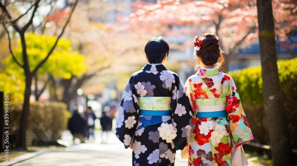 Two lover wearing kimonos walk down a street. The women are dressed in different colors and patterns, with one wearing a blue kimono and the other wearing an orange one. The scene is set in a city Two lover wearing kimonos walk down a street. The women are dressed in different colors and patterns, with one wearing a blue kimono and the other wearing an orange one. The scene is set in a city