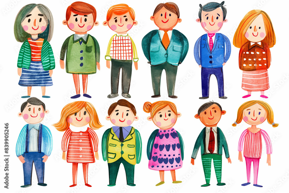 Cartoon characters of women and men people doodle style water color Cartoon characters of women and men people doodle style water color
