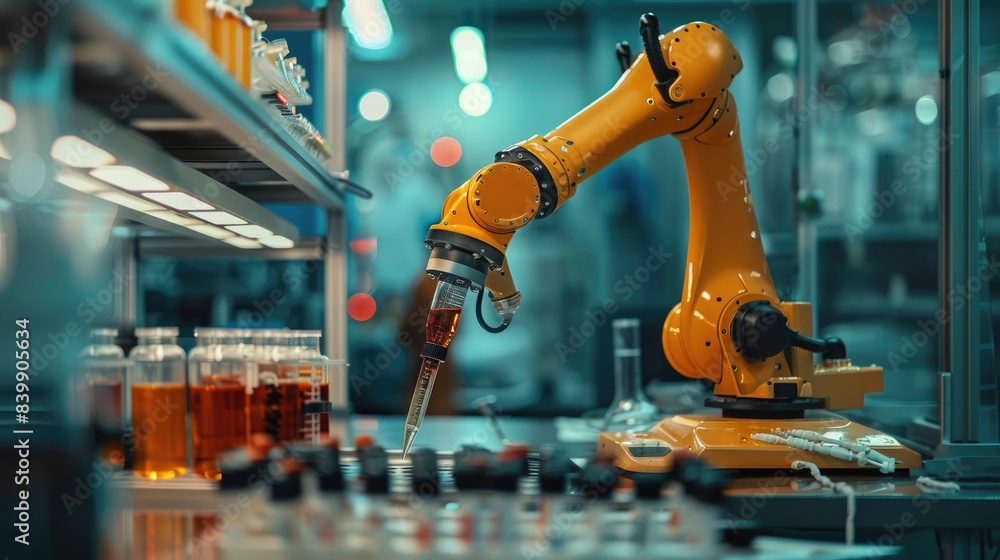 Robotic arm in a modern laboratory, equipped for advanced scientific research and automation, surrounded by lab equipment and vials. Robotic arm in a modern laboratory, equipped for advanced scientific research and automation, surrounded by lab equipment and vials.