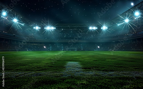 Vibrant Night Scene of 3D Empty Football Stadium with Fans Cheering under Bright Lights - Realistic Sports Arena Rendering for Wallpaper Background