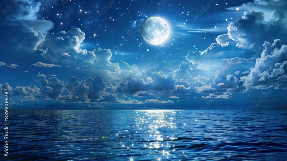 Fototapeta premium Romantic Moon With Clouds And Starry Sky Over Sparkling Blue Water, generative ai
