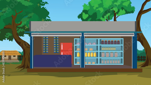 Indian village grocery shop background. Asian rural store with foods, fridge, rack and table
