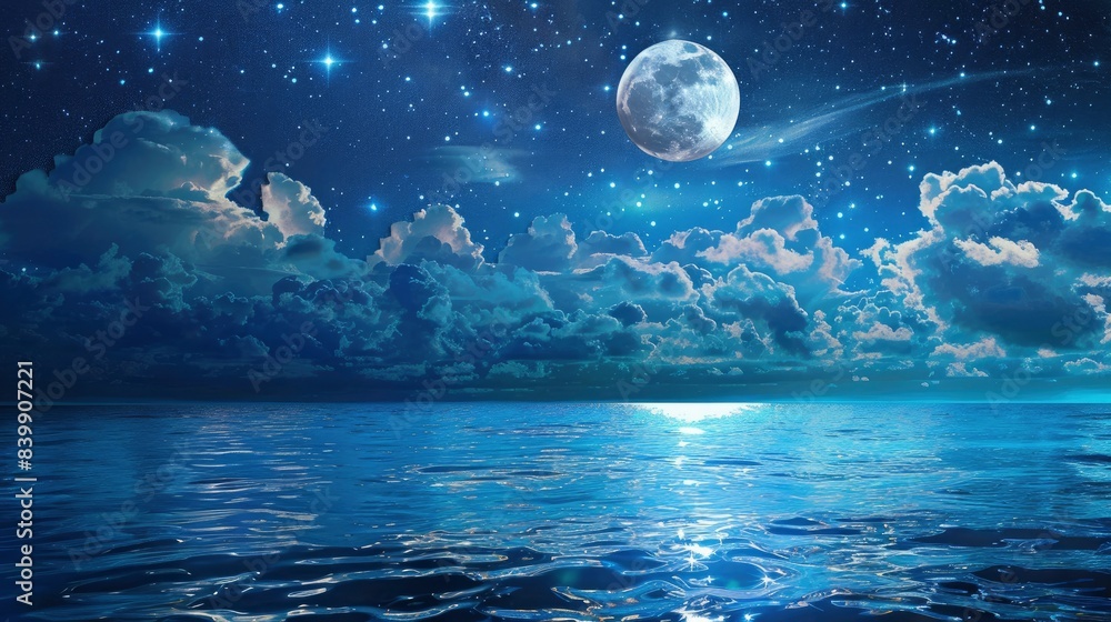 Fototapeta premium Romantic Moon With Clouds And Starry Sky Over Sparkling Blue Water, generative ai