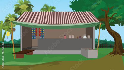 Indian village tea stall. Village tea stall design. Asian shop background for cartoon animation