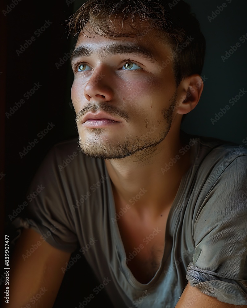 portrait of a white young russian man sitting with a calm : Generative AI portrait of a white young russian man sitting with a calm : Generative AI